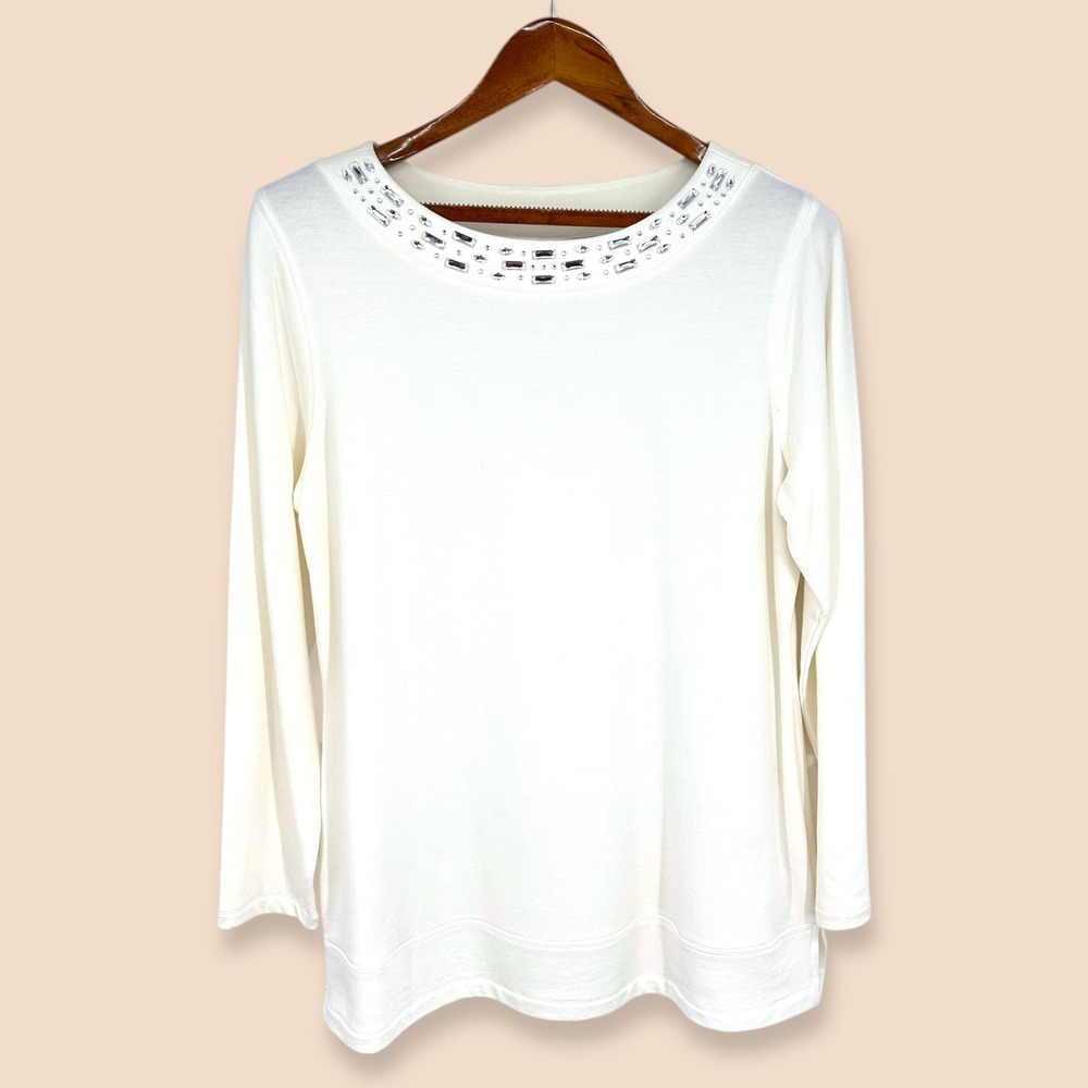 Susan Graver Fleece-Back Knit Top‎ Size M Ivory Rhinestone Embellished Tunic NEW